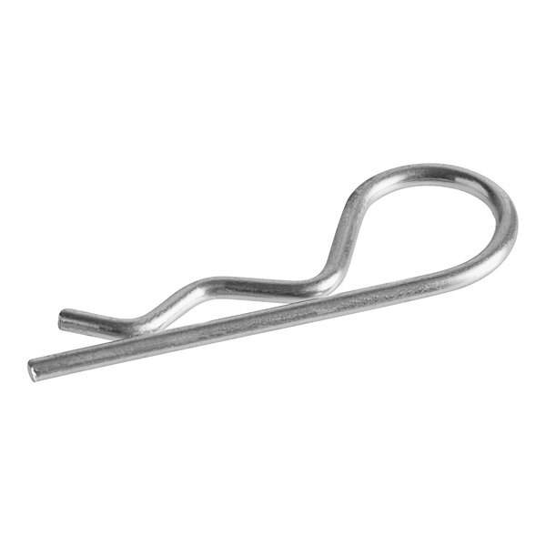 A close-up of a metal hair pin with a hook and long handle.