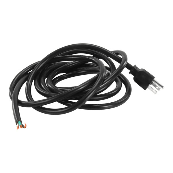 A black extension cord with a black plug and orange wire.