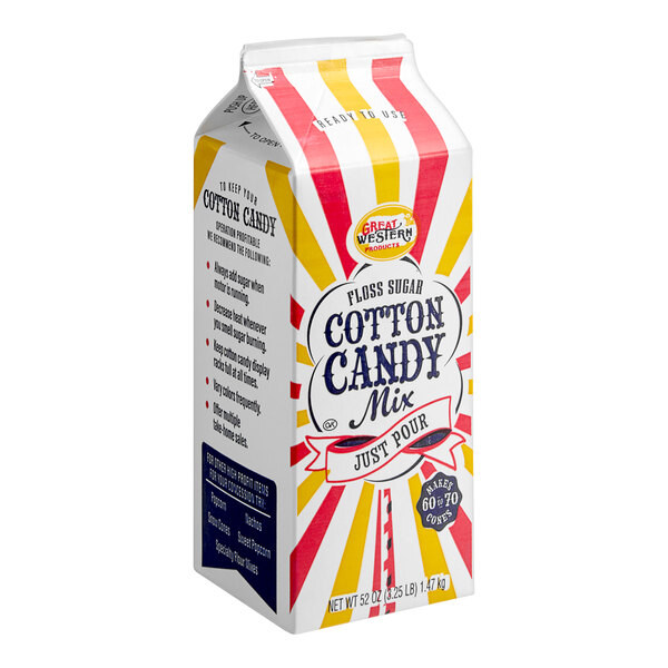 A white carton of Great Western apple cotton candy floss sugar.