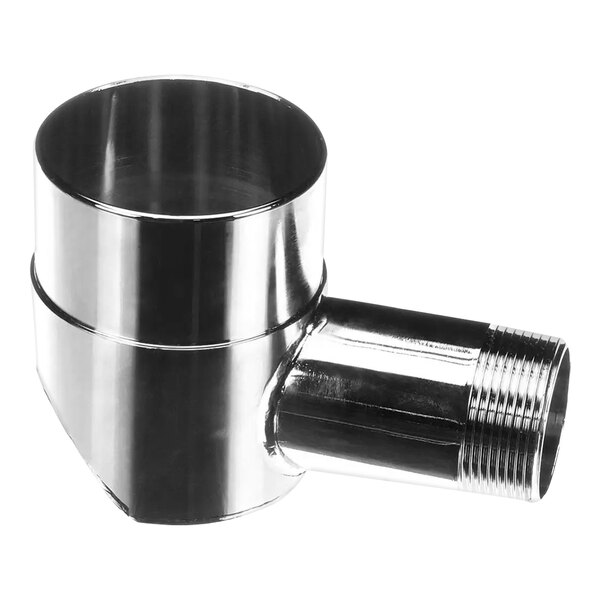 A silver stainless steel Pitco drain elbow pipe with a metal end.