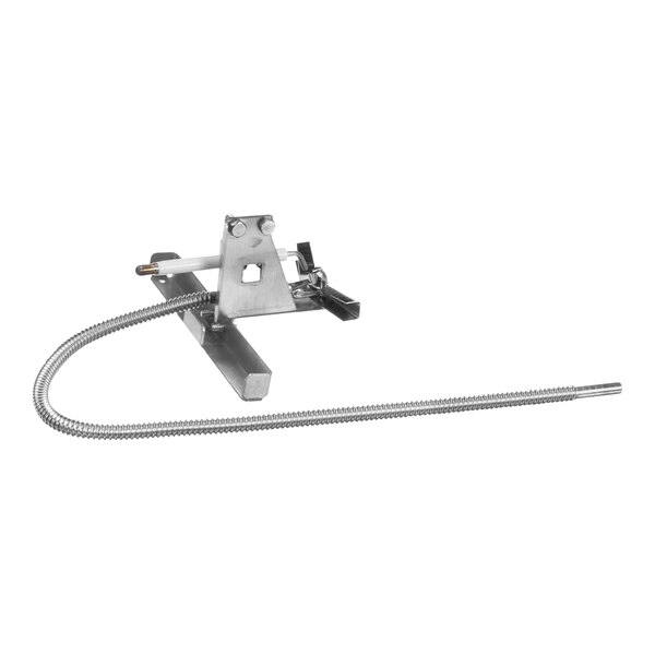 A metal Pitco assembly plate with a long curved wire and a hook on the end.