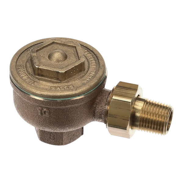 A close-up of a brass Vulcan trap thermostatic valve with a threaded nut.