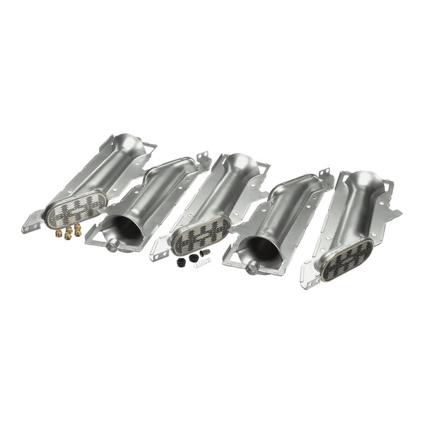 A group of metal parts including screws and pipes.