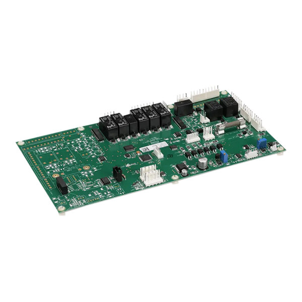 A green circuit board with black and white components.