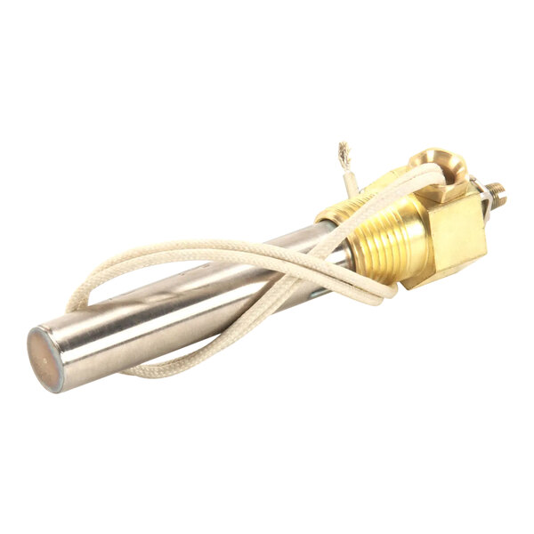 A metal and white thermostat with a metal tube.