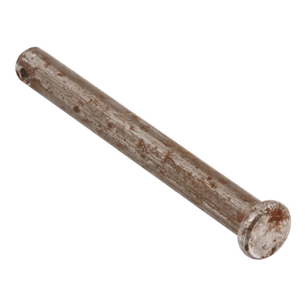 A close-up of a rusty metal Pitco clevis pin with holes.