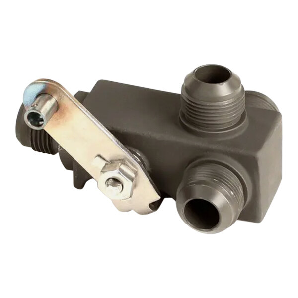A black plastic valve handle with metal plates.