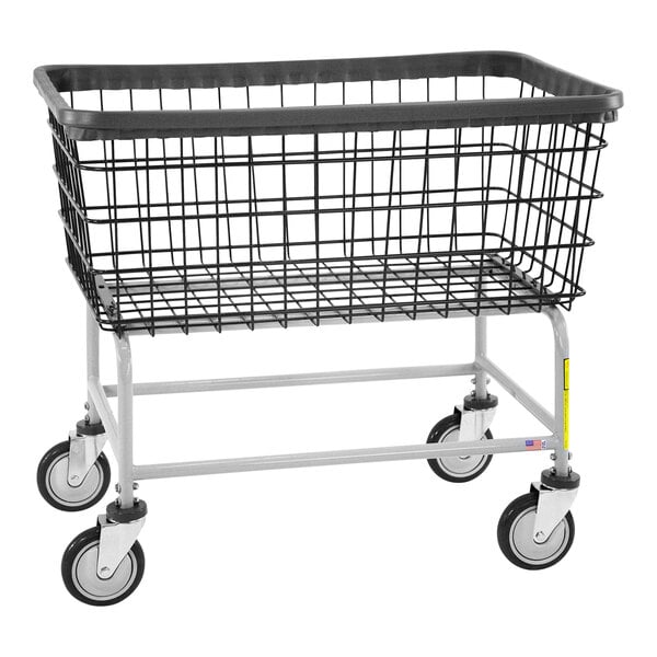A black wire laundry cart with wheels.
