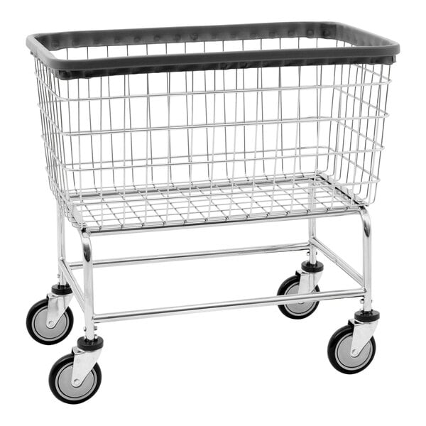 A chrome-plated R&B Wire laundry cart with wheels.