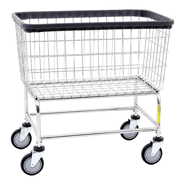 A large, chrome-plated wire laundry cart with four black and white caster wheels and a black plastic rim around the top edge.