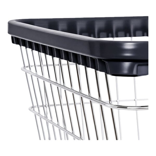 A close-up view of a chrome-plated wire basket with a black plastic rim.