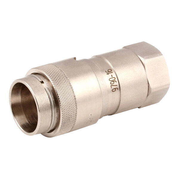 A stainless steel Pitco valved push connector with a threaded end.