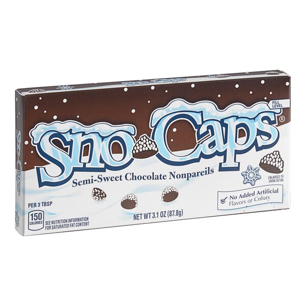 A white SNO CAPS box filled with chocolate nonpareils.