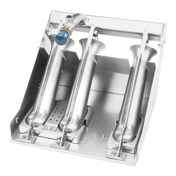 A metal machine with three metal pipes and two valves.