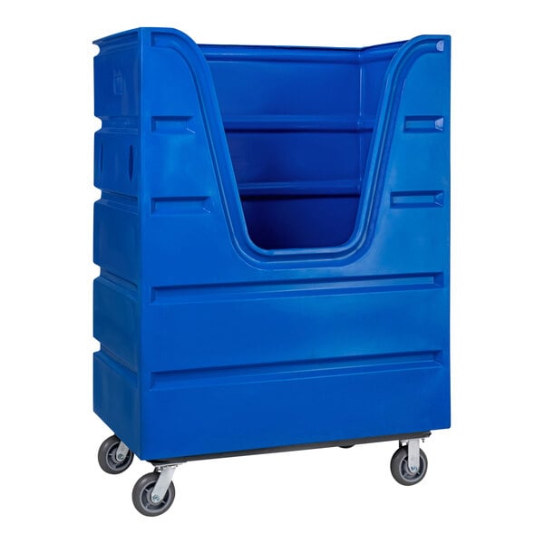 A blue plastic container with wheels by R&B Wire Products, Inc.