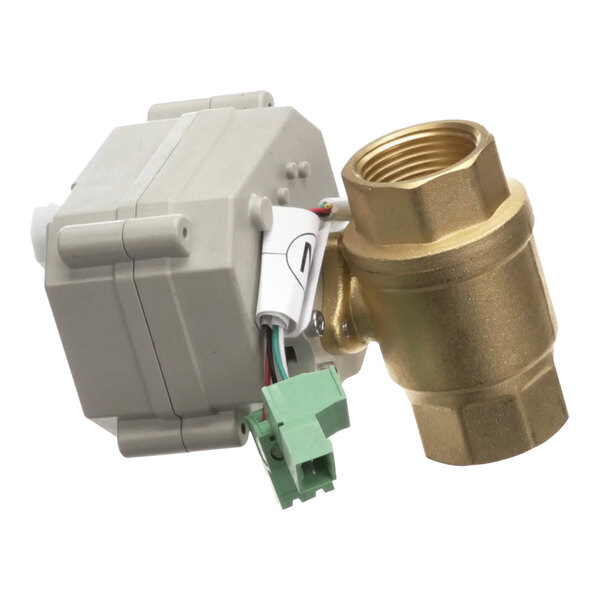 A close-up of a Vulcan motorized drain valve with a green wire attached.