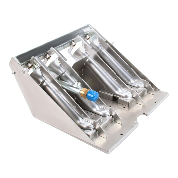 A metal machine part with a blue valve handle.