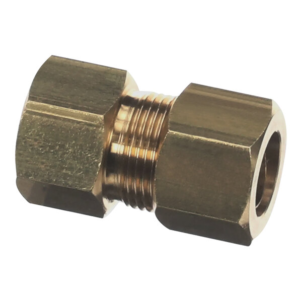 A close-up of a brass threaded male fitting for a Vulcan Alpha brass nut.