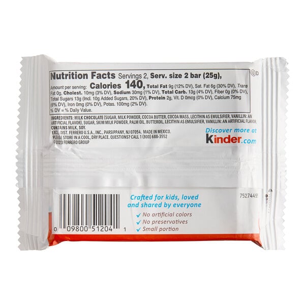 A package of Kinder Chocolate 4-piece cream-filled milk chocolate bar.