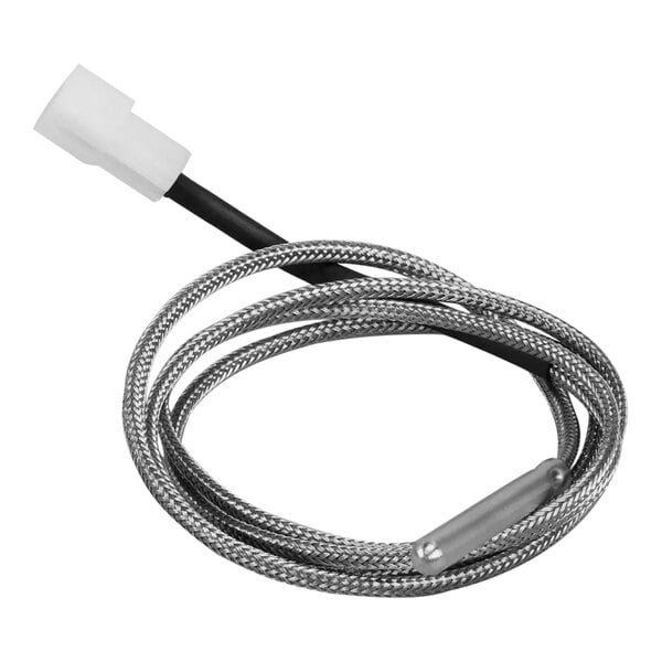 A silver temperature sensor with a white cap and wire inside a silver braided cable.