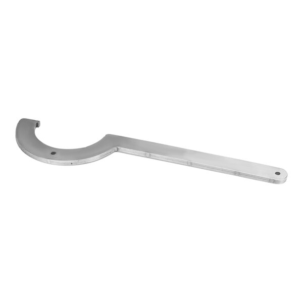 A silver metal spanner drain tool.