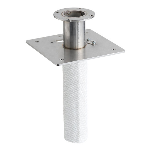 A metal burner head assembly with a square mounting plate and cylindrical components.
