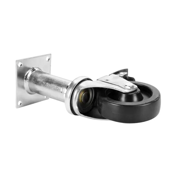 A metal and black swivel caster wheel.