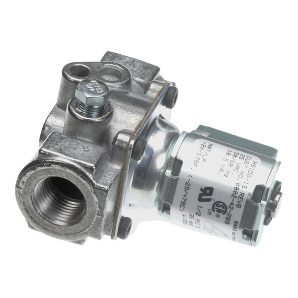 A close-up of a Vulcan Basotrol gas valve with a metal housing.