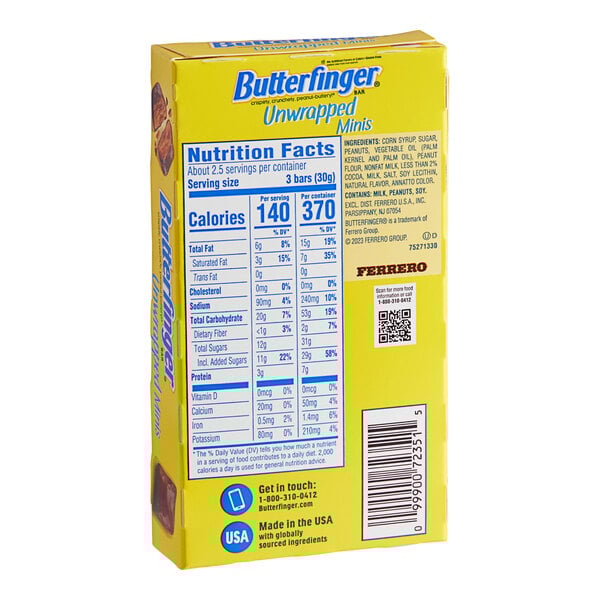 A close up of a yellow Butterfinger Minis box with white and blue text.