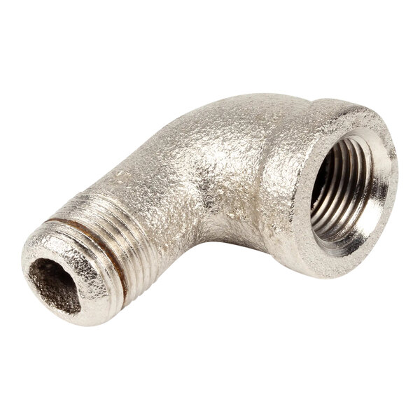 A stainless steel Pitco elbow pipe fitting with a silver nut.