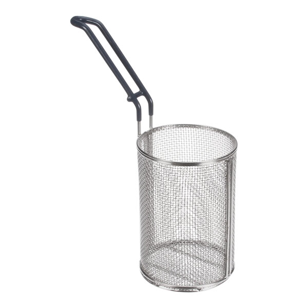 A silver mesh basket with a handle.