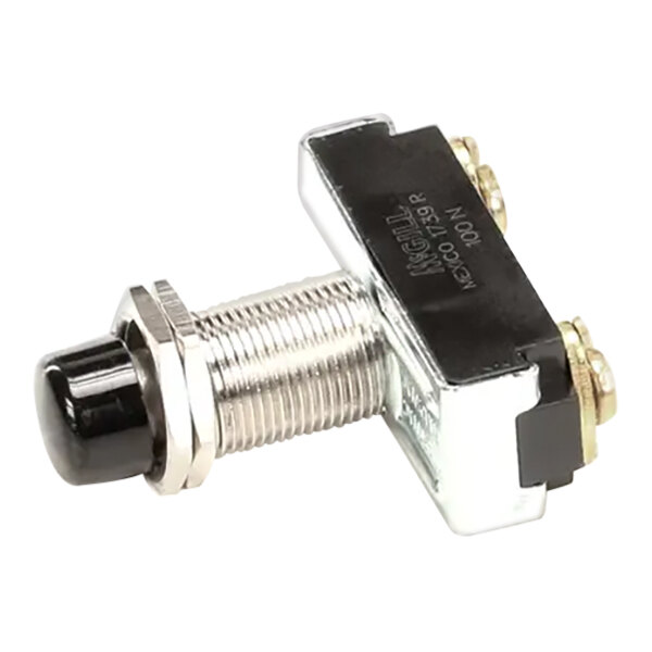 A close-up of a black and silver Pitco toggle switch with a black knob.