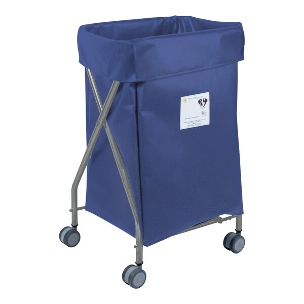 A blue laundry cart with wheels and a handle and a blue laundry bag on it.