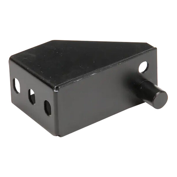 A black metal Turbo Air Refrigeration bottom left hinge bracket with two holes.