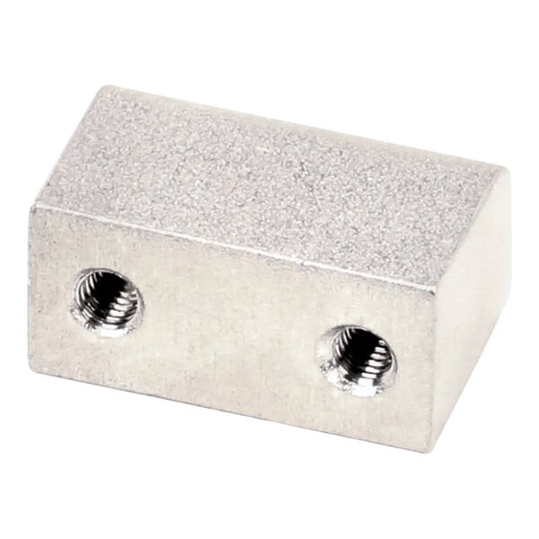 A silver rectangular Vulcan female hinge with screws.