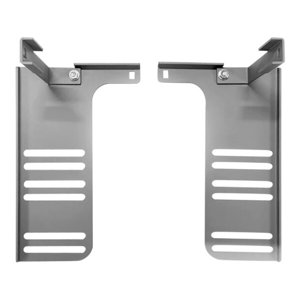 A pair of metal Rize Home headboard brackets with holes in them.