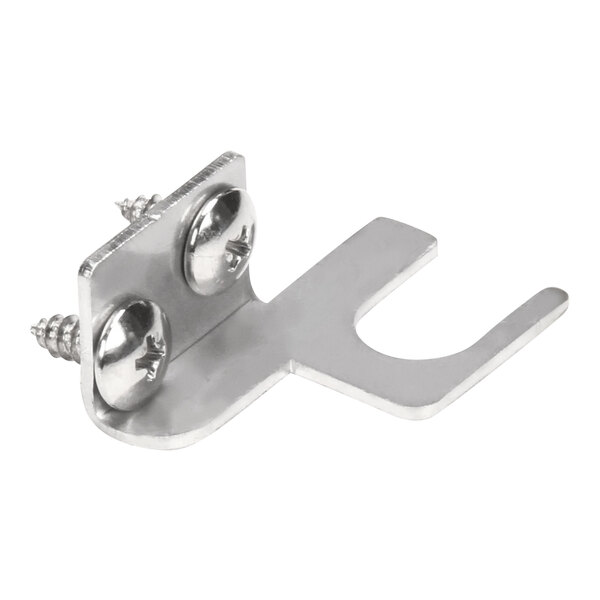 A close-up of a stainless steel Imperial Range heater element bracket with screws.