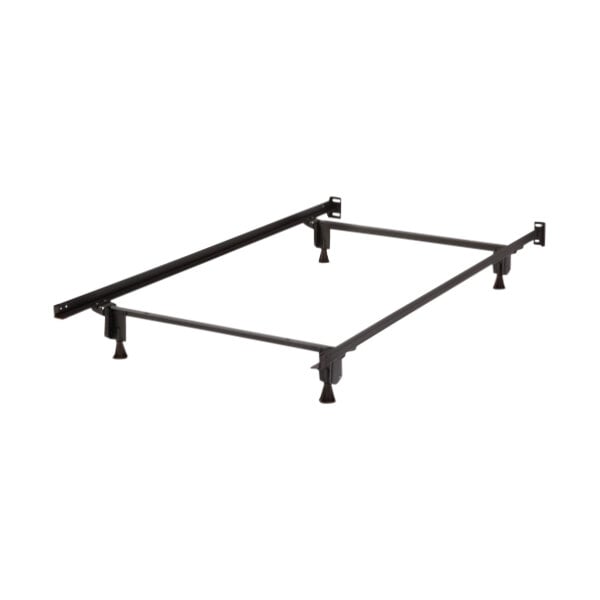 A black metal Rize Home twin bed frame with two legs.