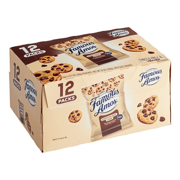 A white box of FAMOUS AMOS Chocolate Chip Cookies with a close up of a cookie with chocolate chips.