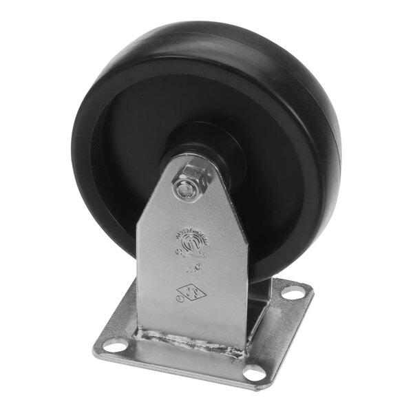 A black Vulcan rigid caster with a metal bracket.