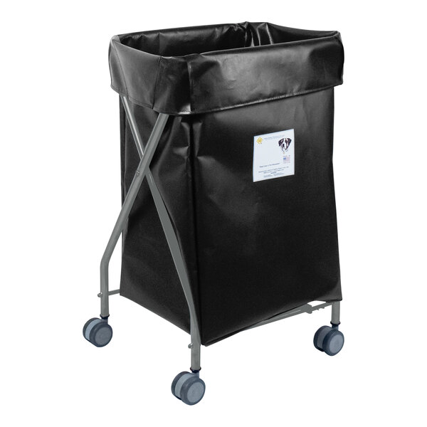 A black laundry cart with blue wheels and a metal frame with a handle.