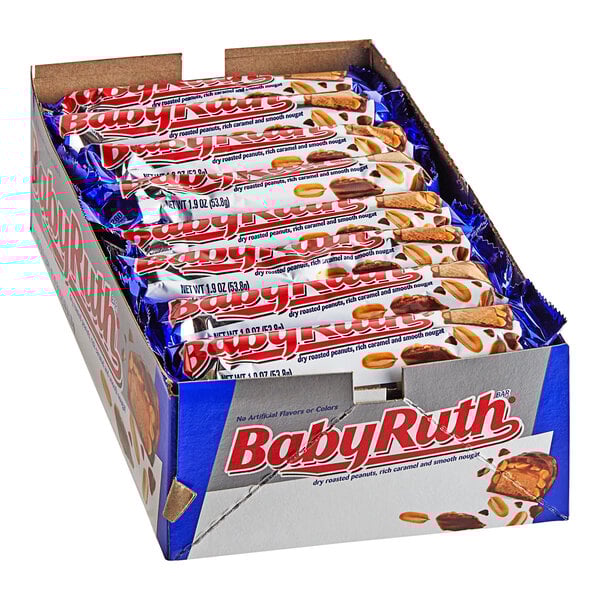 A white box filled with individually wrapped BABY RUTH candy bars.