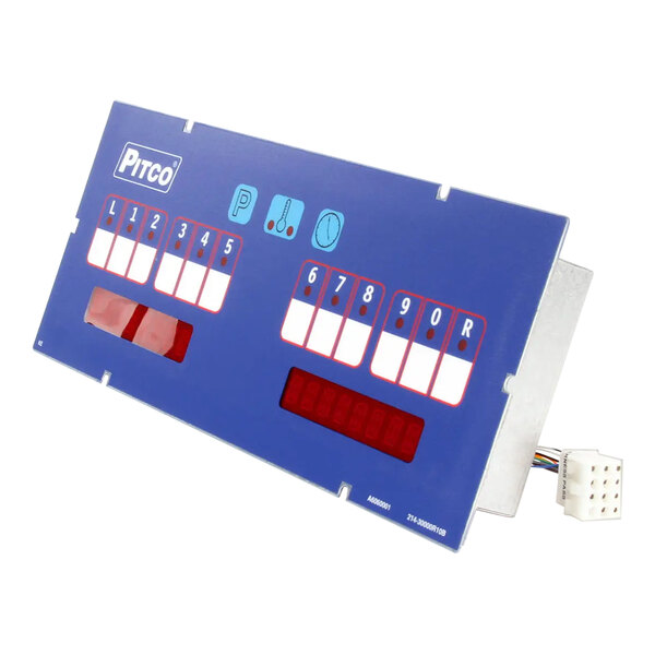 A blue Pitco computer with red and blue buttons.