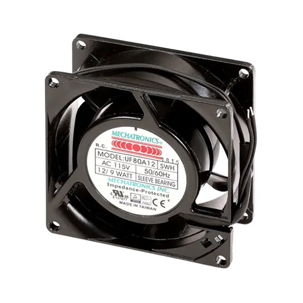 A black Vulcan axial fan with a white label.