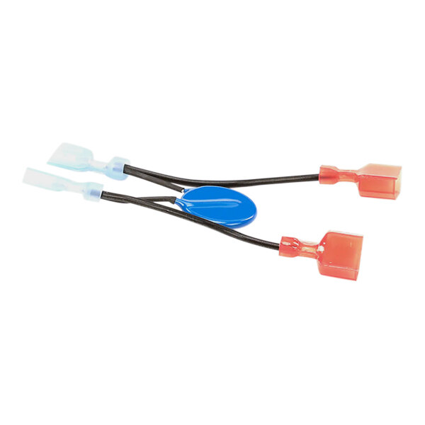 Two blue and red cables attached to white .25 tabs on a Pitco snubber.