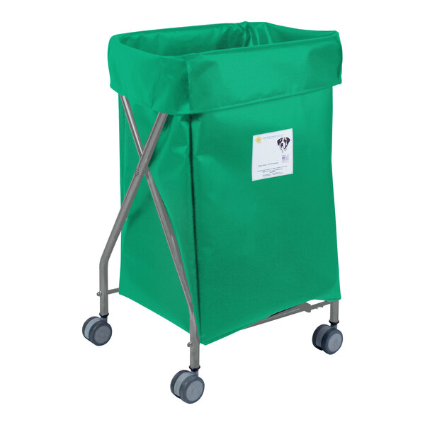 A green R&B Wire laundry cart with wheels and a handle holding a green bag.