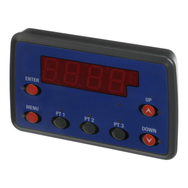 A blue electronic Imperial Range griddle controller with red and blue buttons.