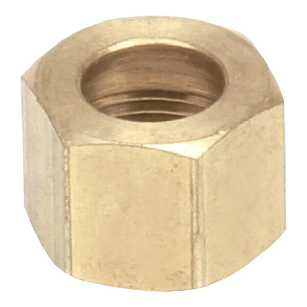 A close-up of a brass Imperial Range compression nut with a threaded end.