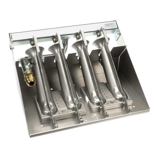 A metal box with a metal pipe and several metal tubes inside.