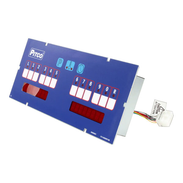 A blue rectangular Pitco computer with red and white text on it.
